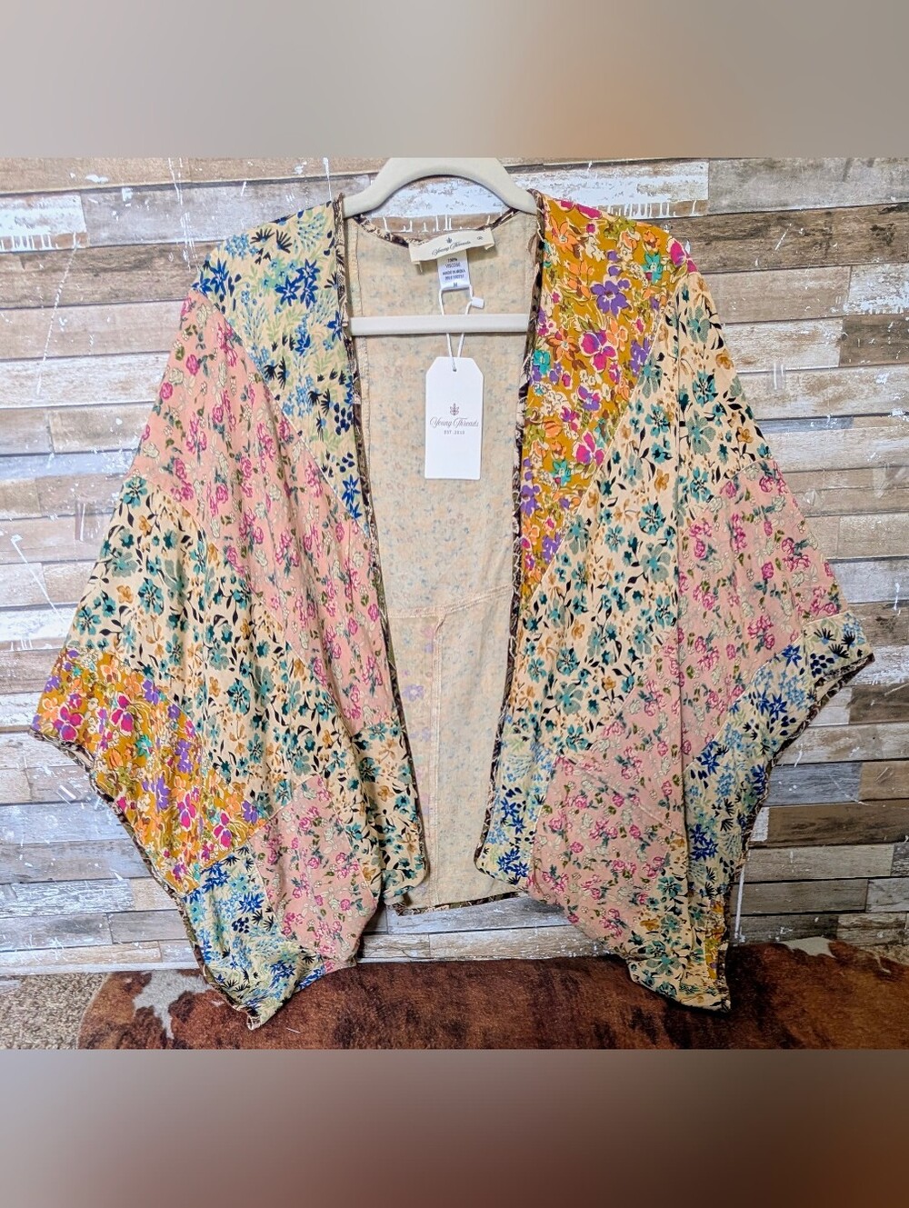 NWT Young Threads Short Patchwork Floral Kimono Called Latte